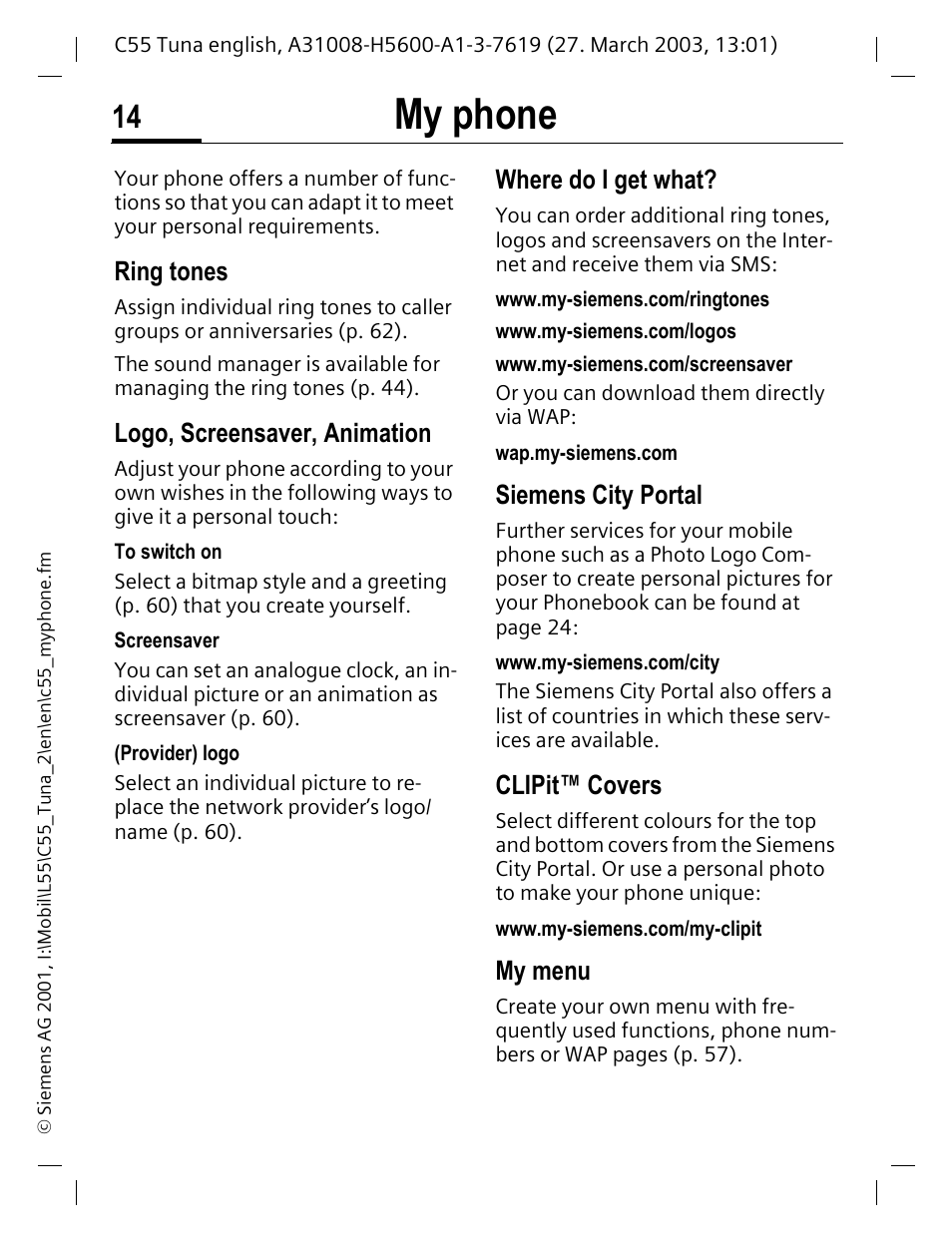 My phone, Ring tones, Logo, screensaver, animation | Where do i get what, Siemens city portal, Clipit™ covers, My menu | Siemens C55 User Manual | Page 15 / 110