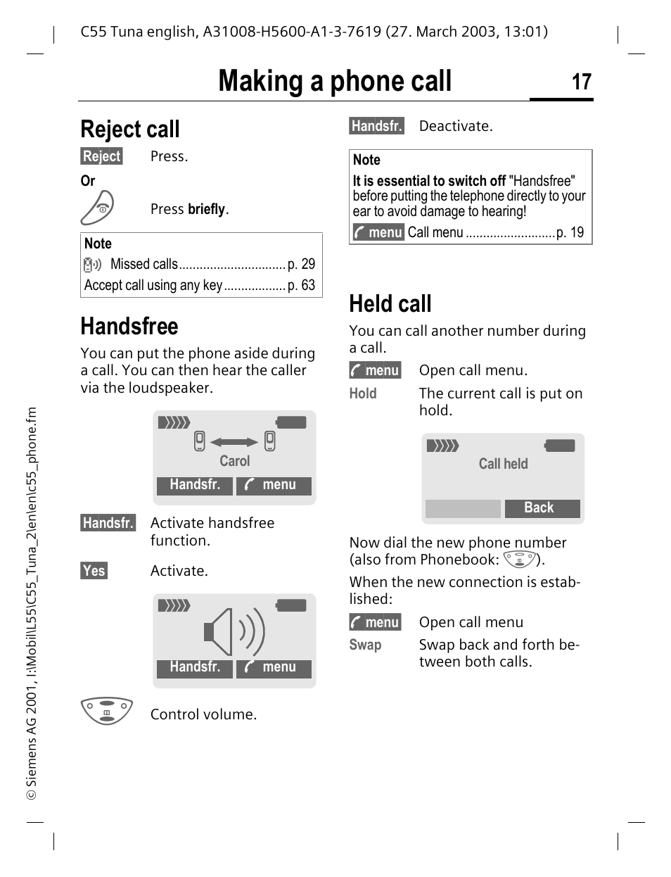 Reject call, Handsfree held call, P. 17) | Handsfree, P. 17, Making a phone call, Held call | Siemens C55 User Manual | Page 18 / 110