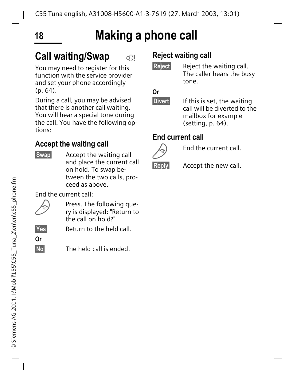 Call waiting/swap, P. 18, Making a phone call | Siemens C55 User Manual | Page 19 / 110