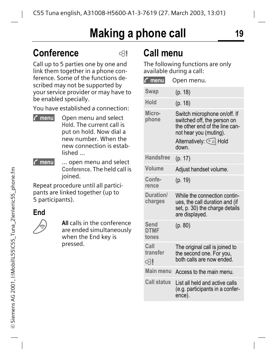 Conference call menu, P. 19, Making a phone call | Conference, Call menu | Siemens C55 User Manual | Page 20 / 110