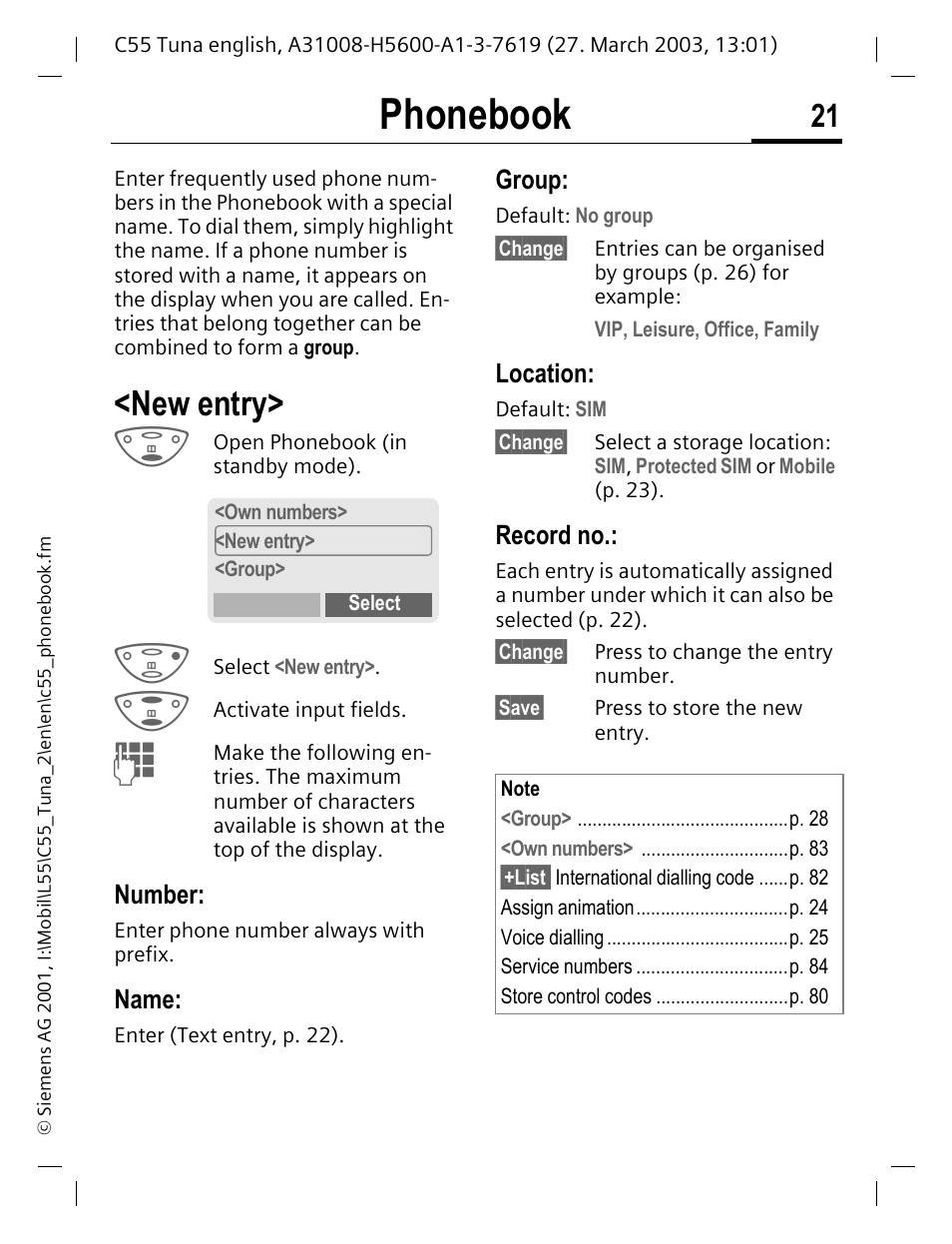 Phonebook, New entry, P. 21 | Siemens C55 User Manual | Page 22 / 110