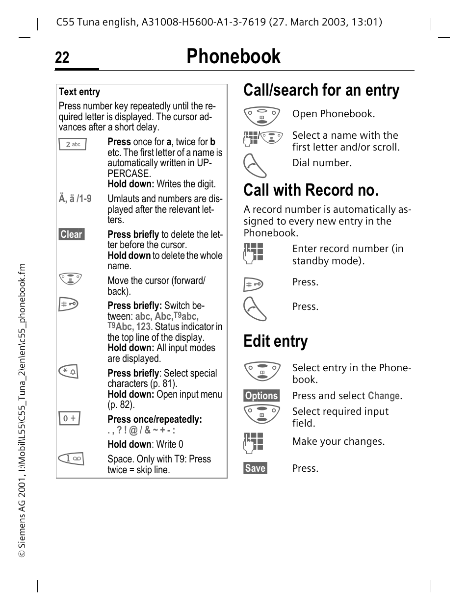 Call with record no, Edit entry, Call/search for an entry call with record no | Enter (text entry, p. 22), Ed (p. 22), Phonebook, Call/search for an entry | Siemens C55 User Manual | Page 23 / 110