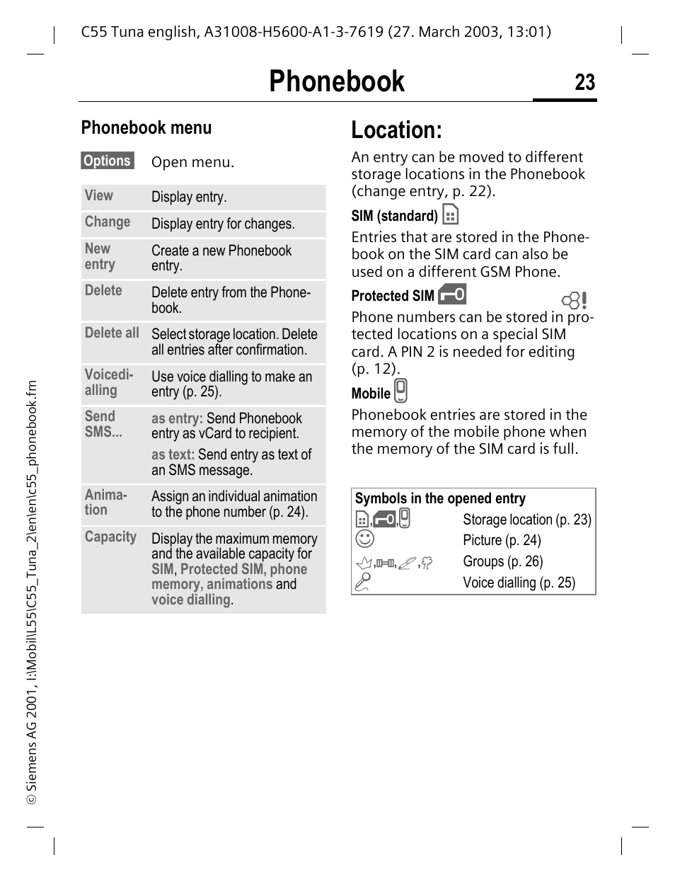 Location, P. 23), Phonebook | Phonebook menu | Siemens C55 User Manual | Page 24 / 110