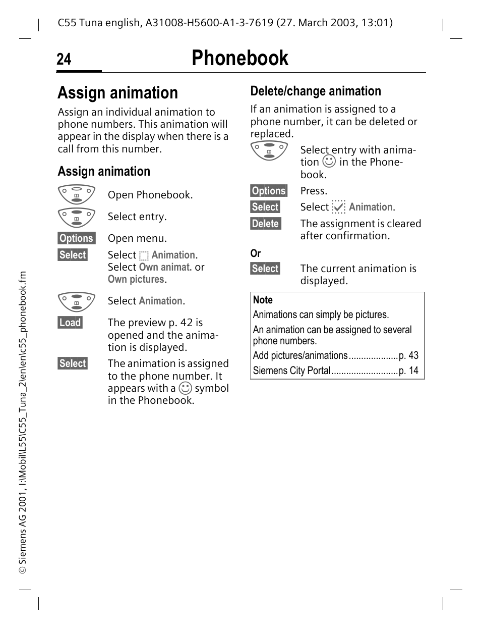 Assign animation, P. 24, R (p. 24) | Orage location, Ure (p. 24), Phonebook | Siemens C55 User Manual | Page 25 / 110