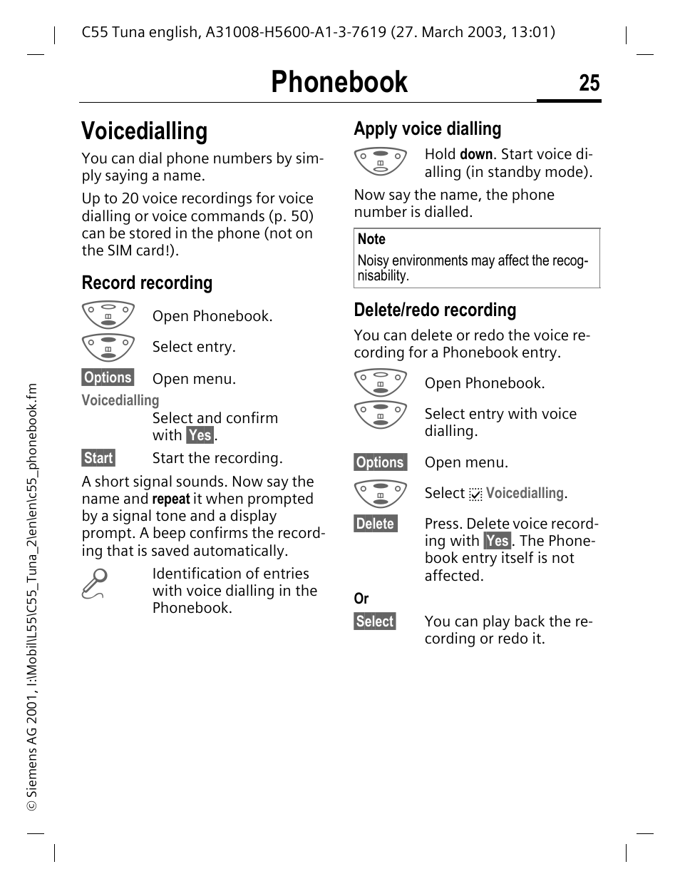 Voicedialling, P. 25, Y (p. 25) | E dialling (p. 25), Phonebook | Siemens C55 User Manual | Page 26 / 110