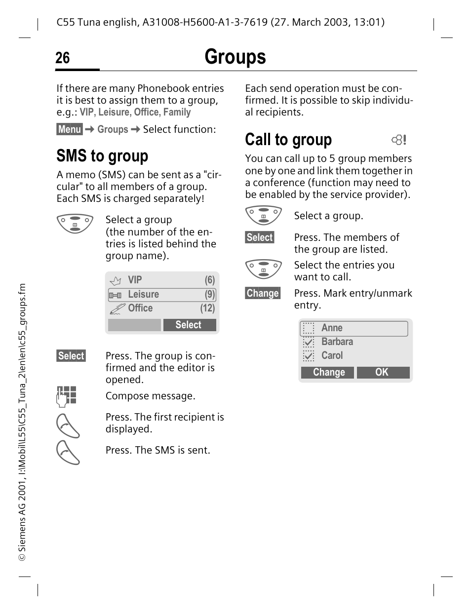 Groups, Sms to group, Call to group | P. 26) for, S (p. 26) | Siemens C55 User Manual | Page 27 / 110