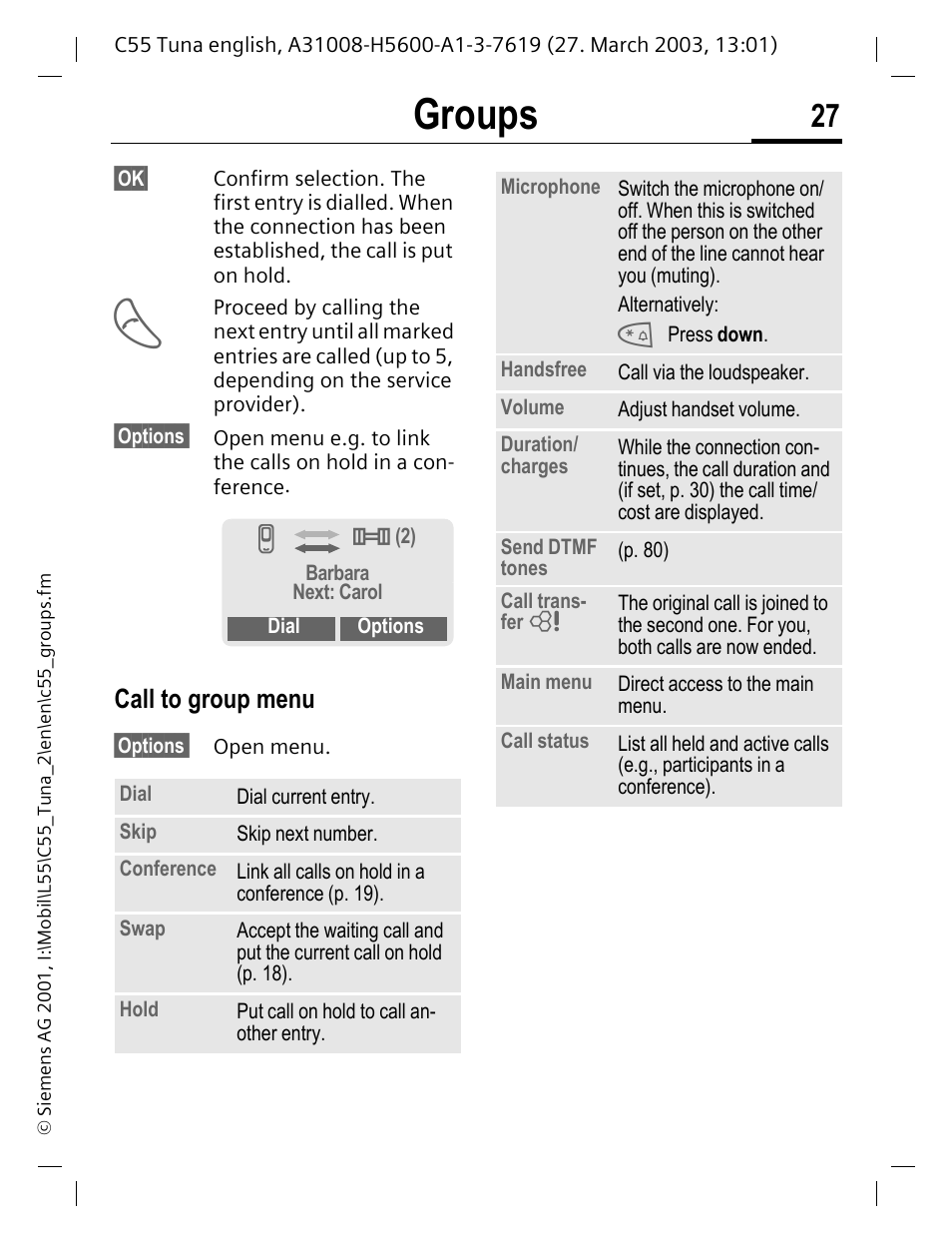 Groups, Call to group menu | Siemens C55 User Manual | Page 28 / 110