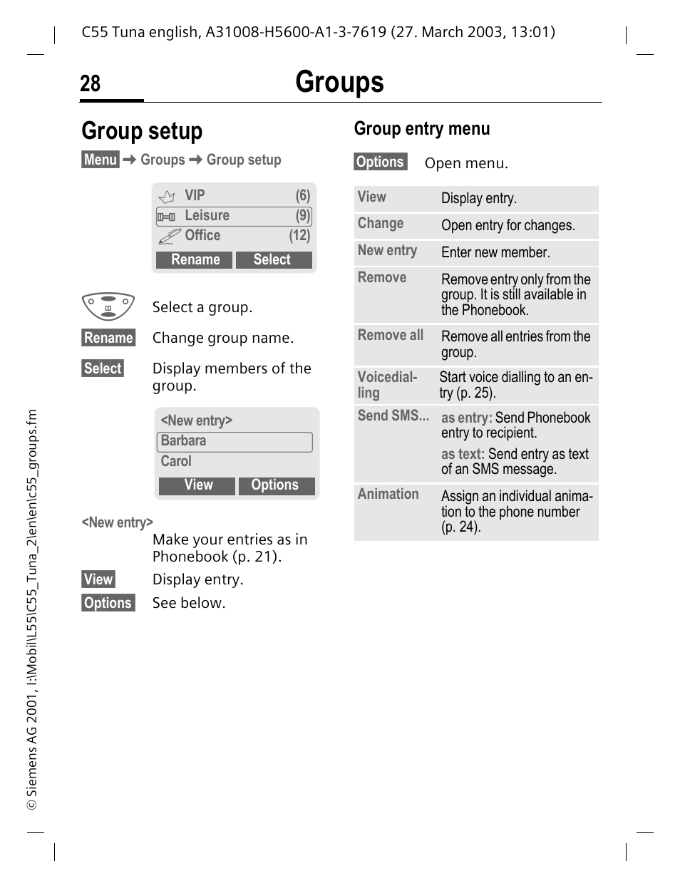 Group setup, P. 28, Groups | Group entry menu | Siemens C55 User Manual | Page 29 / 110