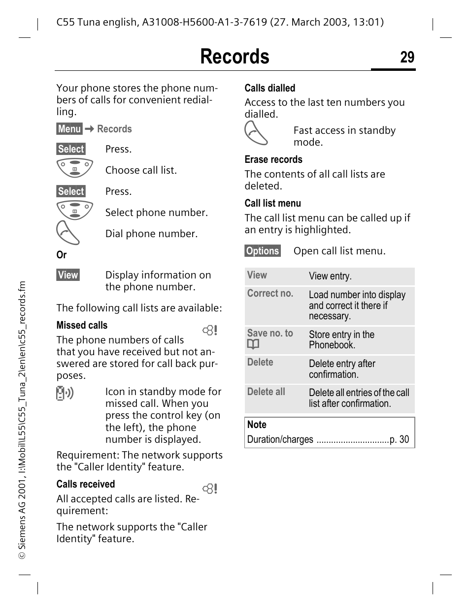 Records, P. 29 | Siemens C55 User Manual | Page 30 / 110