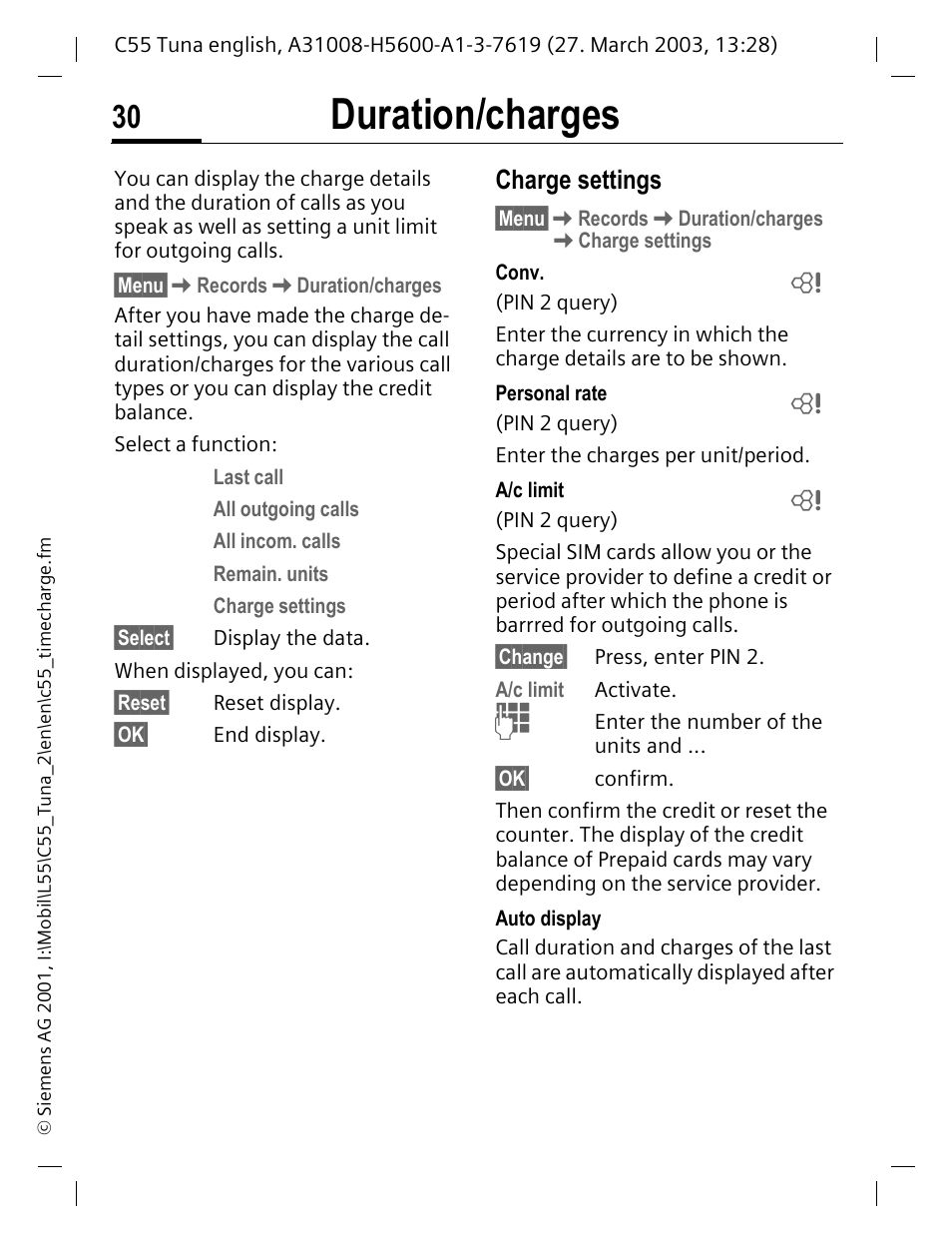 Duration/ charges, Duration/charges, P. 30) t | P. 30), Charge settings | Siemens C55 User Manual | Page 31 / 110