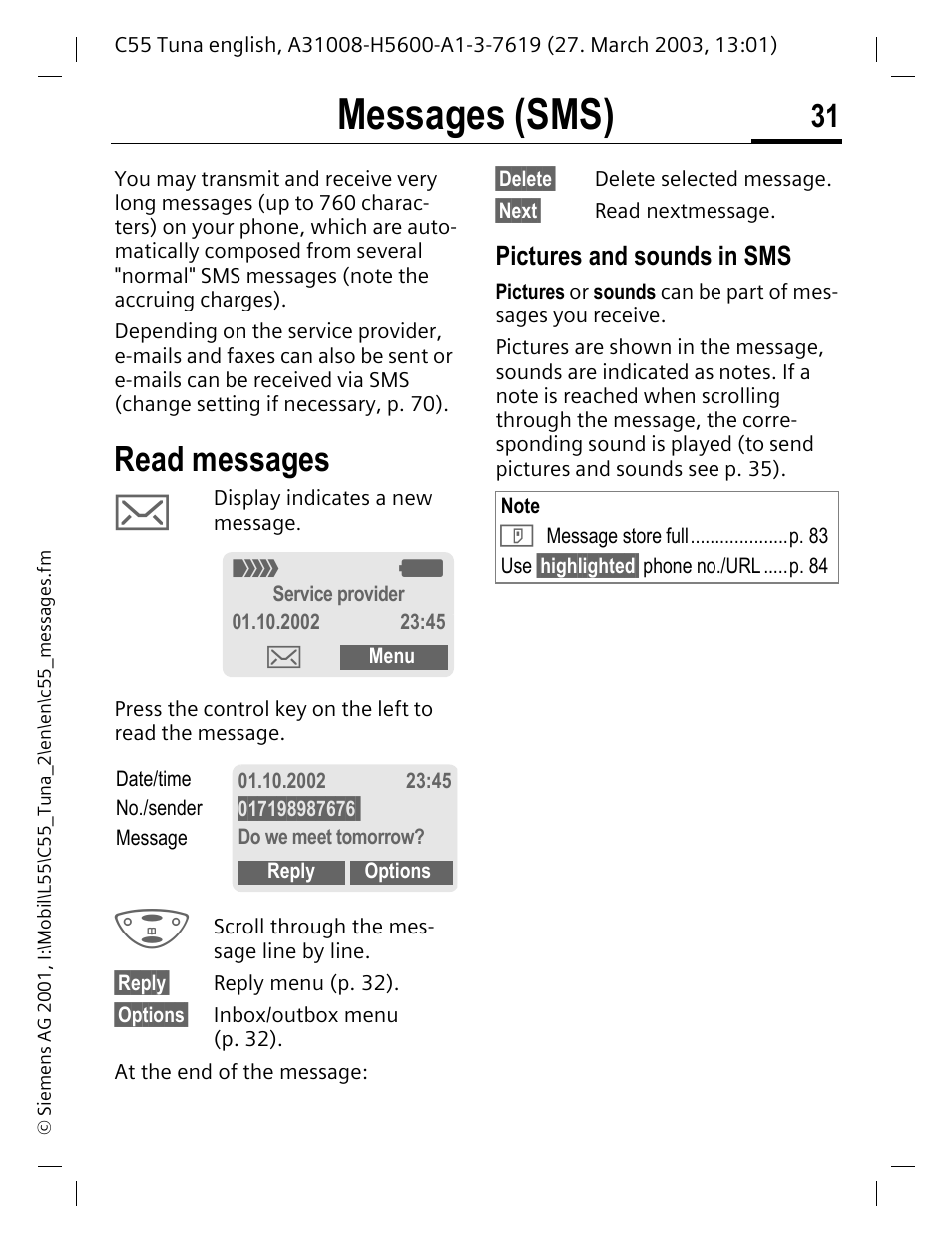 Messages (sms), Read messages, Pictures and sounds in sms | Siemens C55 User Manual | Page 32 / 110