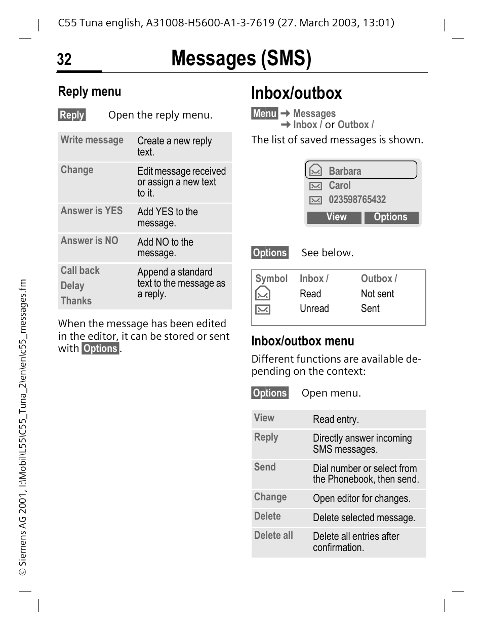 Inbox/outbox, P. 32), Messages (sms) | Reply menu, Inbox/outbox menu | Siemens C55 User Manual | Page 33 / 110