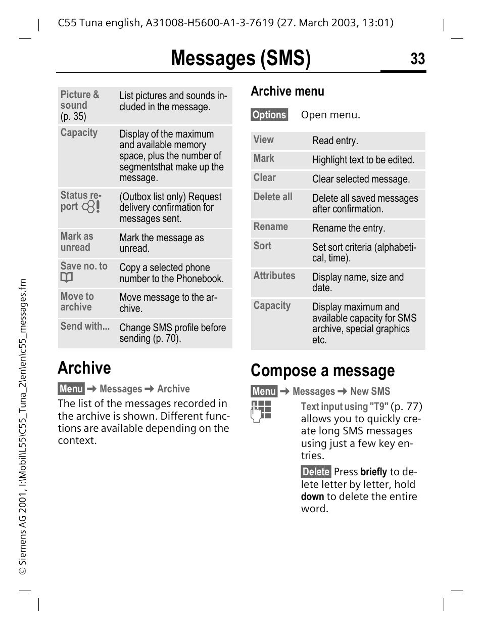 Archive, Compose a message, Messages (sms) | Archive menu | Siemens C55 User Manual | Page 34 / 110