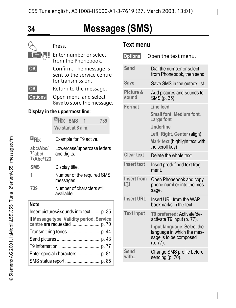 Messages (sms), Text menu | Siemens C55 User Manual | Page 35 / 110