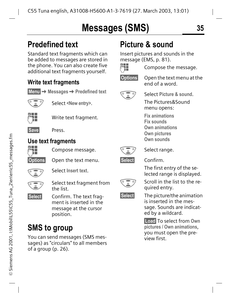 Sms to group, Predefined text sms to group, Picture & sound | See p. 35, P. 35), P. 35, Sms (p. 35), Messages (sms), Predefined text | Siemens C55 User Manual | Page 36 / 110