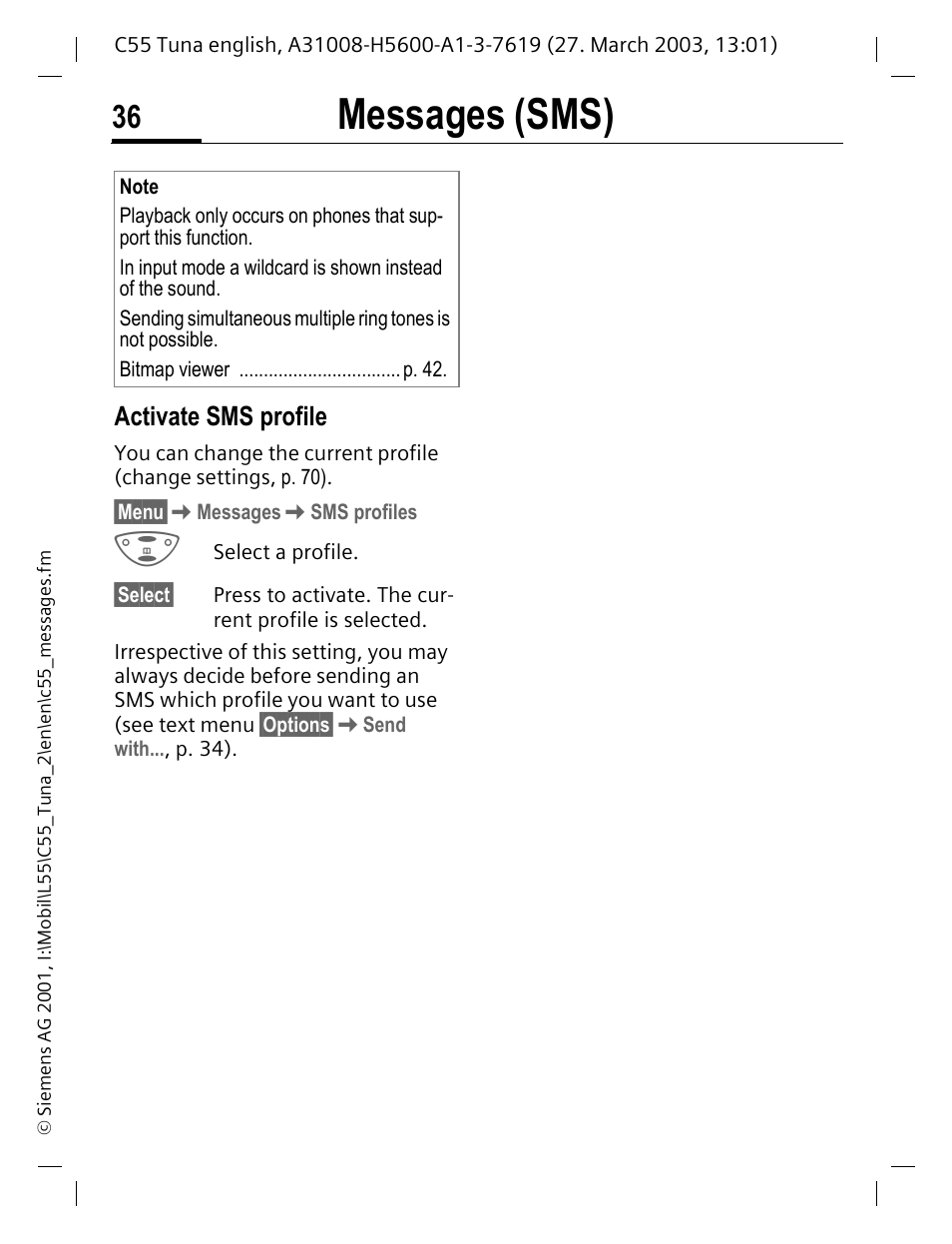 Messages (sms), Activate sms profile | Siemens C55 User Manual | Page 37 / 110