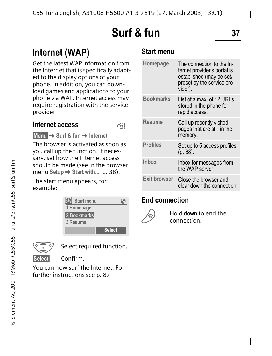 Surf & fun, Internet (wap), Internet access | Start menu end connection | Siemens C55 User Manual | Page 38 / 110