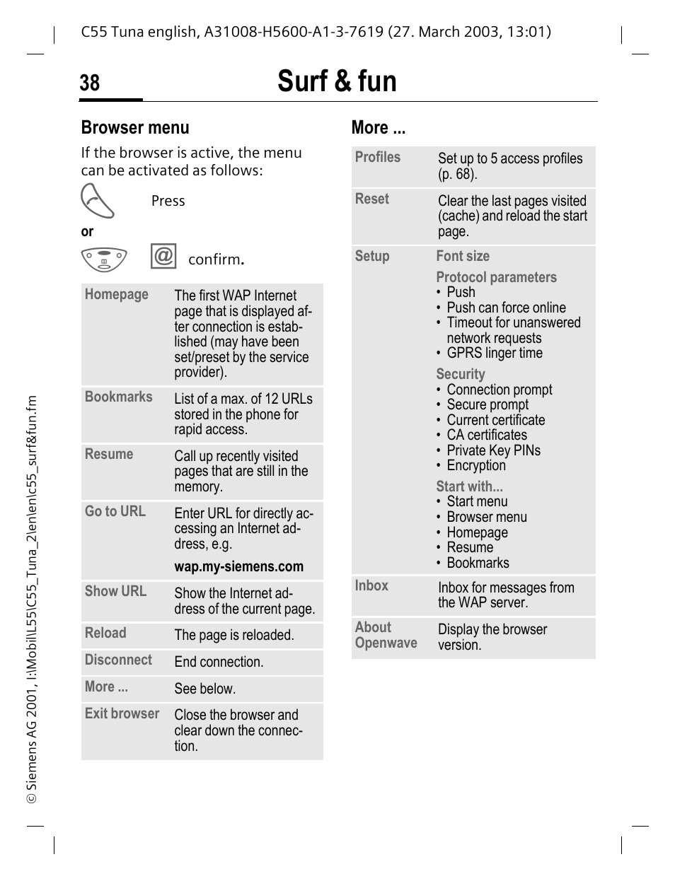 E brow, P. 38), Surf & fun | Browser menu, More | Siemens C55 User Manual | Page 39 / 110