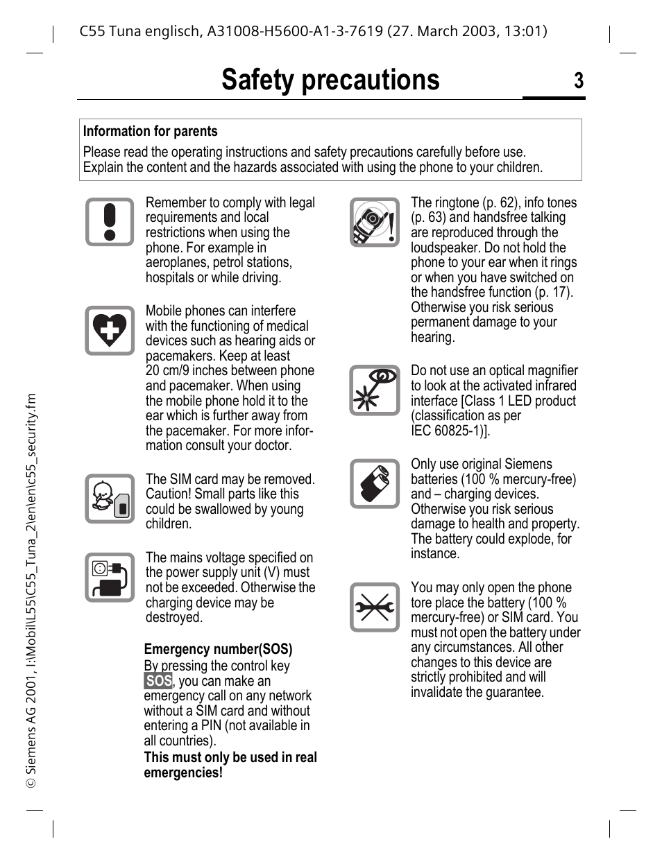 Safety precautions | Siemens C55 User Manual | Page 4 / 110