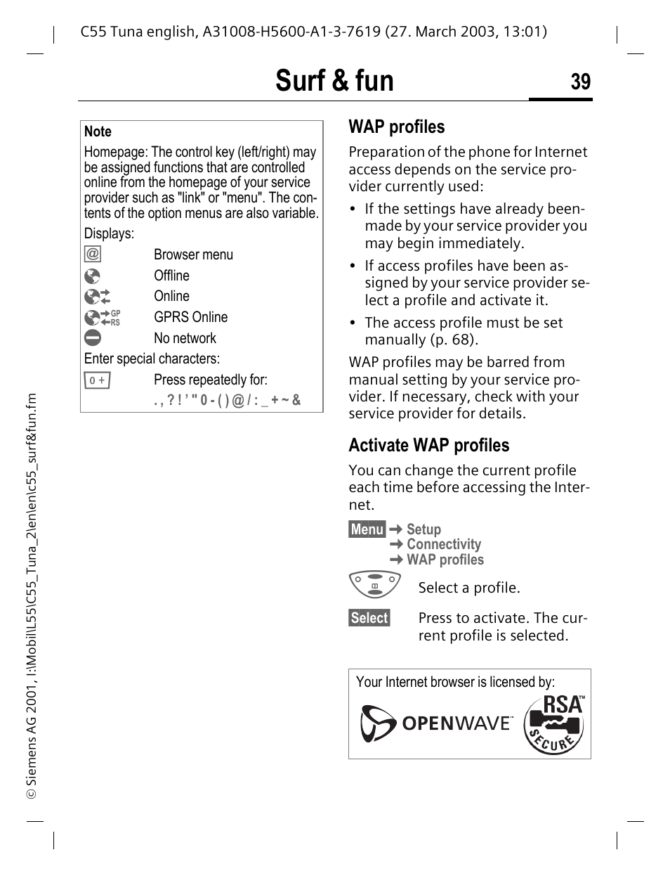 Surf & fun, Wap profiles, Activate wap profiles | Siemens C55 User Manual | Page 40 / 110