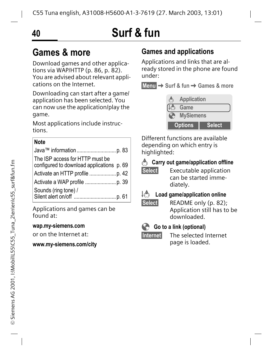 Games & more, P. 40, Surf & fun | Games and applications | Siemens C55 User Manual | Page 41 / 110