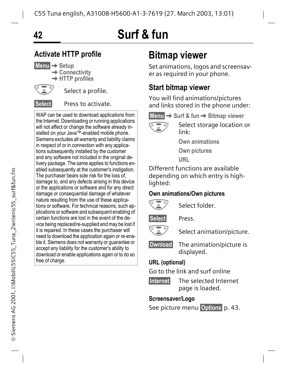 Bitmap viewer, P. 42 is, P. 42 | Surf & fun, Start bitmap viewer | Siemens C55 User Manual | Page 43 / 110