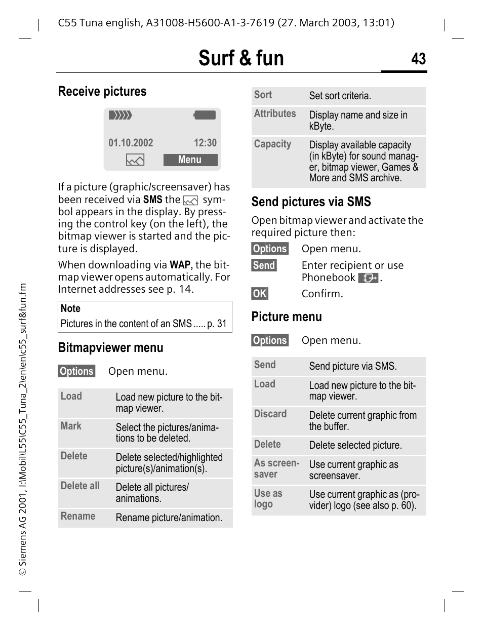 P. 43, Surf & fun, Receive pictures | Bitmapviewer menu, Send pictures via sms, Picture menu | Siemens C55 User Manual | Page 44 / 110