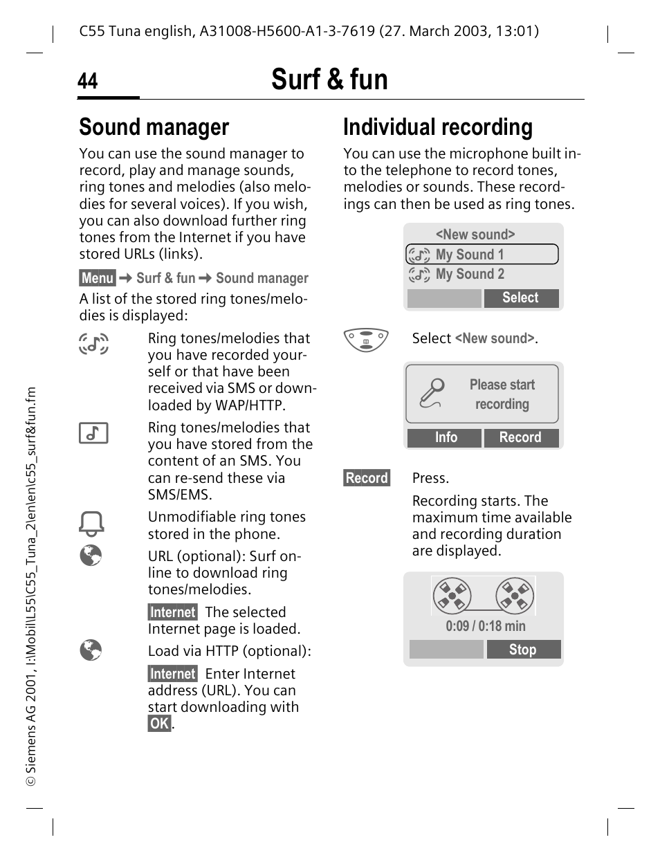 Sound manager individual recording, P. 44), P. 44 | Surf & fun, Sound manager, Individual recording | Siemens C55 User Manual | Page 45 / 110