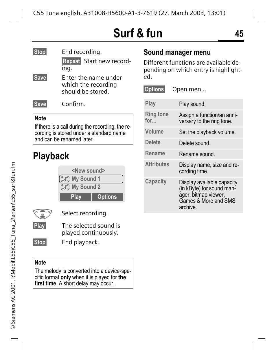 Playback, Surf & fun, Sound manager menu | Siemens C55 User Manual | Page 46 / 110