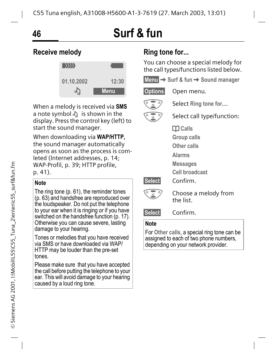 Surf & fun, Receive melody, Ring tone for | Siemens C55 User Manual | Page 47 / 110