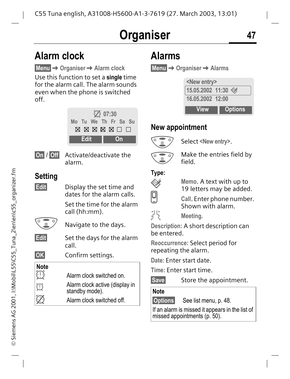 Organiser, Alarm clock, Alarms | Siemens C55 User Manual | Page 48 / 110