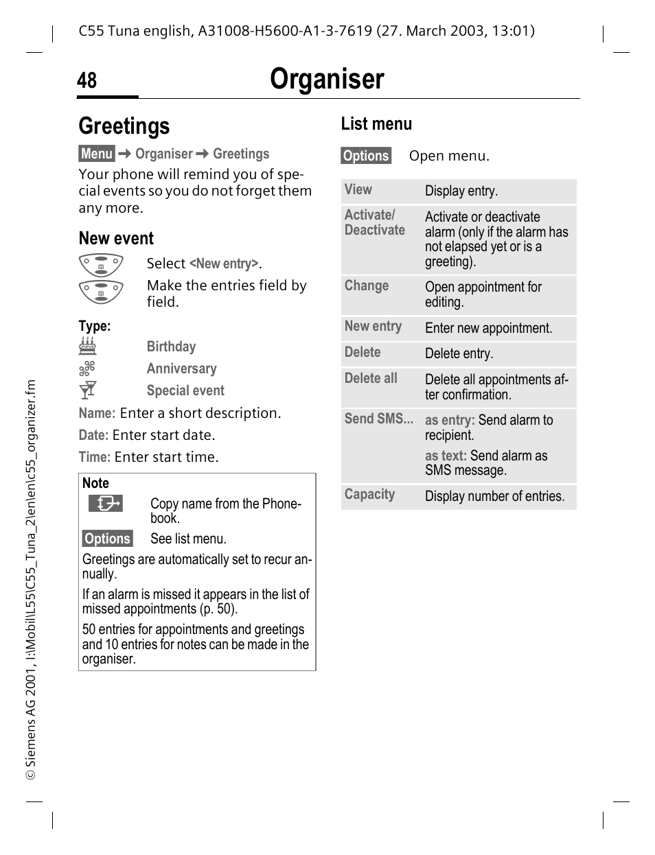 Greetings, Organiser, New event | List menu | Siemens C55 User Manual | Page 49 / 110