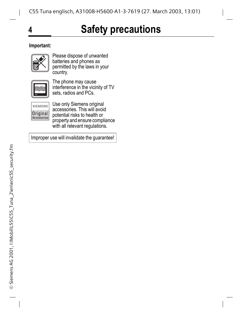 Safety precautions | Siemens C55 User Manual | Page 5 / 110