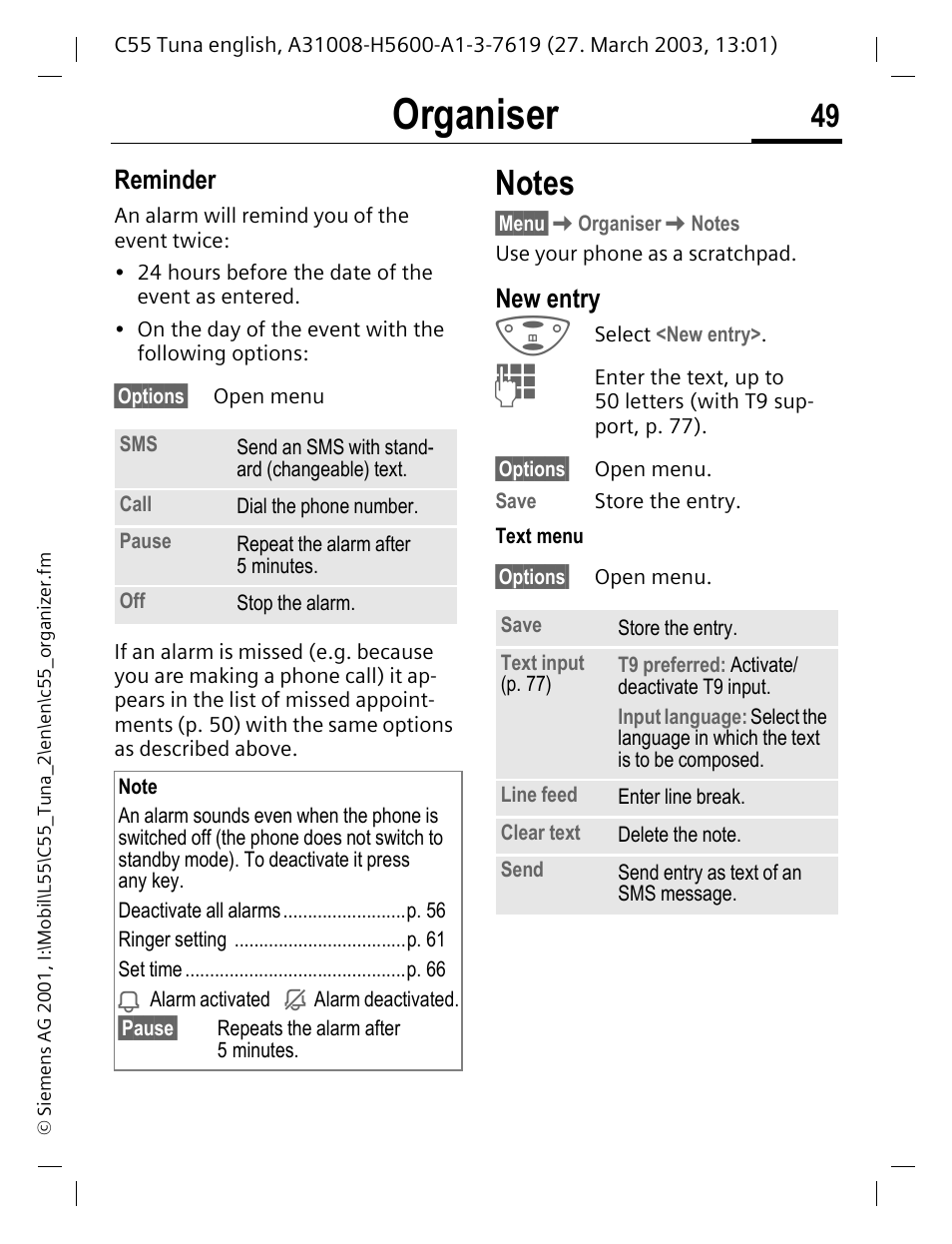 Notes, Organiser, Reminder | New entry | Siemens C55 User Manual | Page 50 / 110