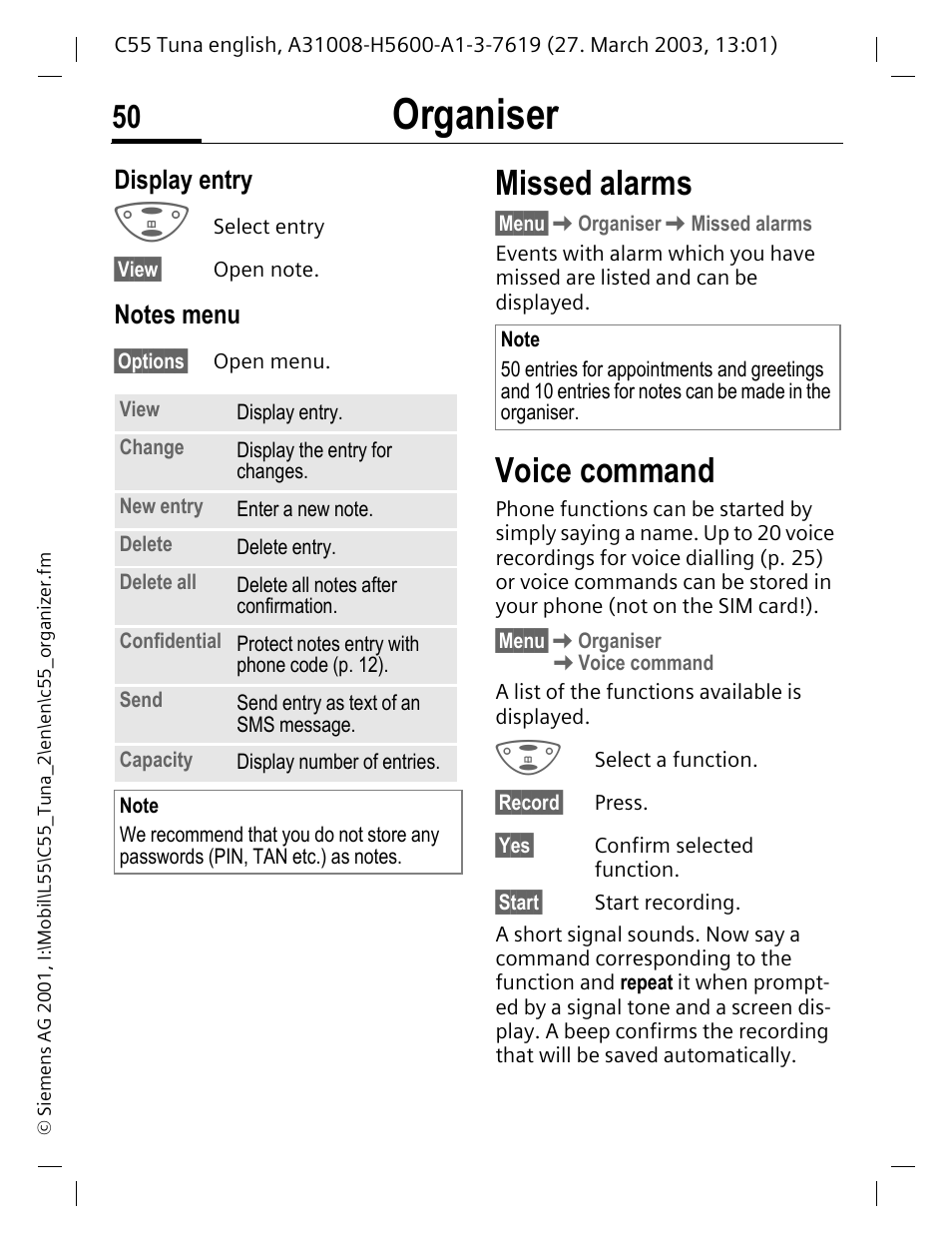 Voice command, Missed alarms voice command, Ments (p. 50) | Organiser, Missed alarms, Display entry | Siemens C55 User Manual | Page 51 / 110