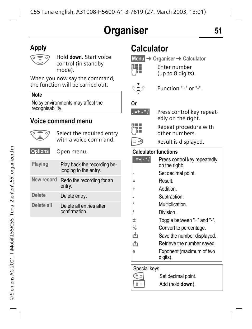 Calculator, Organiser | Siemens C55 User Manual | Page 52 / 110