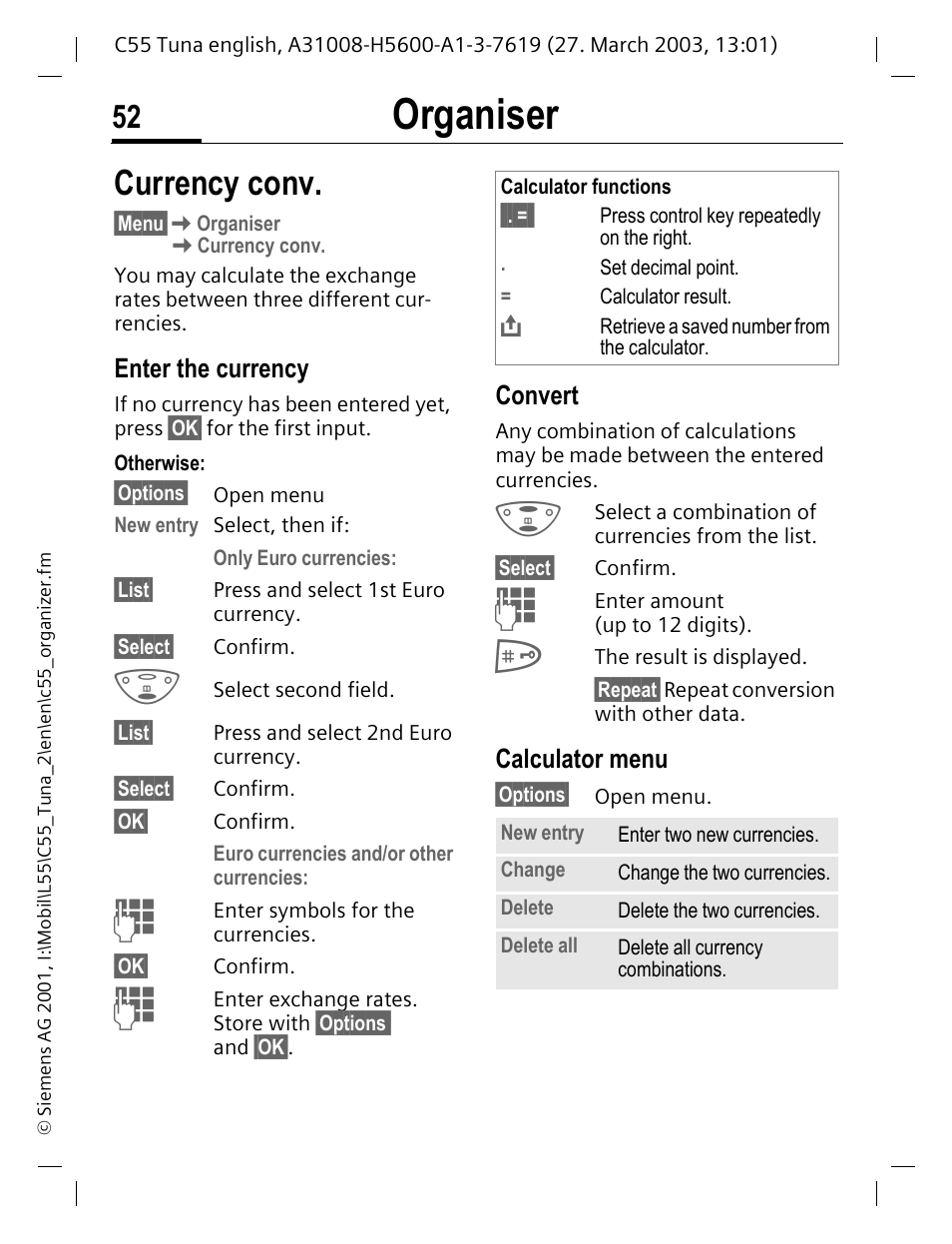 Currency conv, Organiser | Siemens C55 User Manual | Page 53 / 110