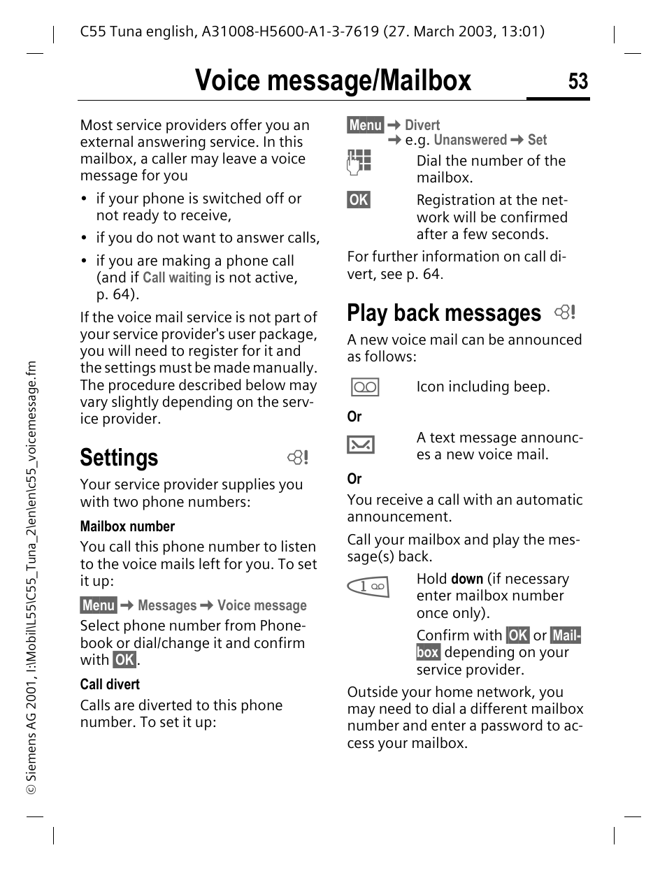 Voice message/ mailbox, Voice message/mailbox, Settings | Play back messages | Siemens C55 User Manual | Page 54 / 110