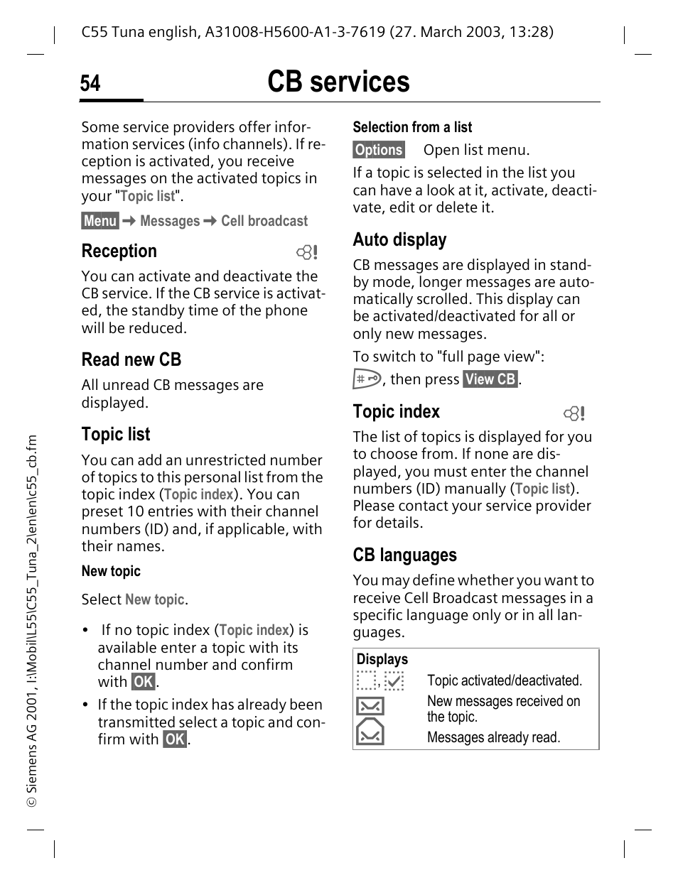 Cb services, Reception, Read new cb | Topic list, Auto display, Topic index, Cb languages | Siemens C55 User Manual | Page 55 / 110