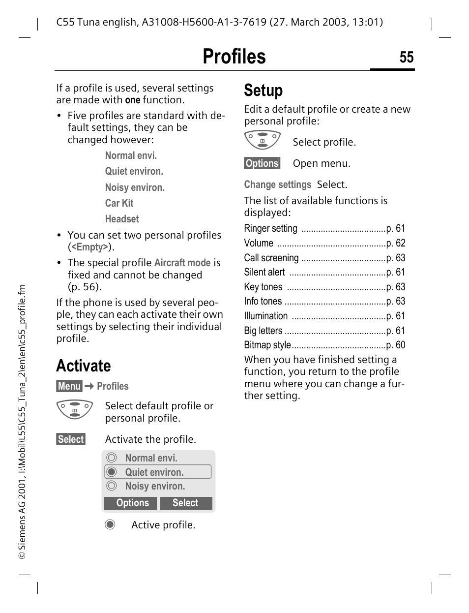 Profiles, Setup, Activate | Siemens C55 User Manual | Page 56 / 110