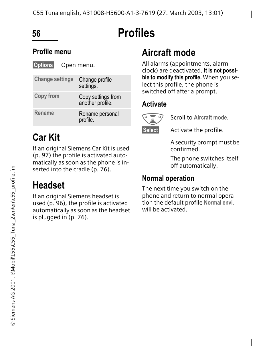 Car kit, Headset, Aircraft mode | P. 56, P. 56), Profiles, Profile menu, Activate, Normal operation | Siemens C55 User Manual | Page 57 / 110