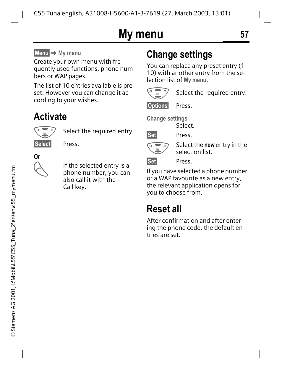 My menu, S (p. 57), Activate | Change settings, Reset all | Siemens C55 User Manual | Page 58 / 110