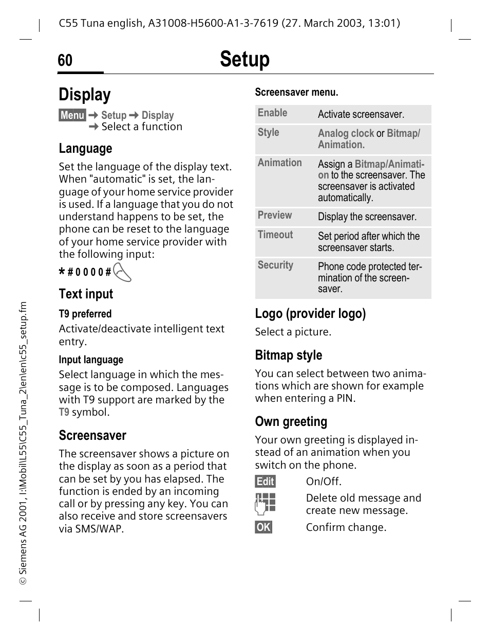 Setup, Display, P. 60 | Screensaver, Logo, screensaver, animation, P. 60) that, Screensaver (p. 60), Name (p. 60), Bitmap style, Language | Siemens C55 User Manual | Page 61 / 110