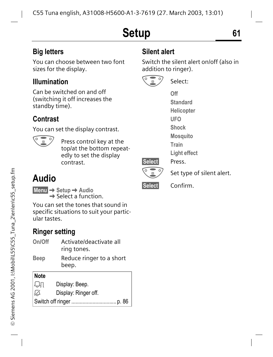 Audio, P. 61, P. 61) | Ringer setting, Silent alert, Illumination, P. 61 big letters, Setup | Siemens C55 User Manual | Page 62 / 110