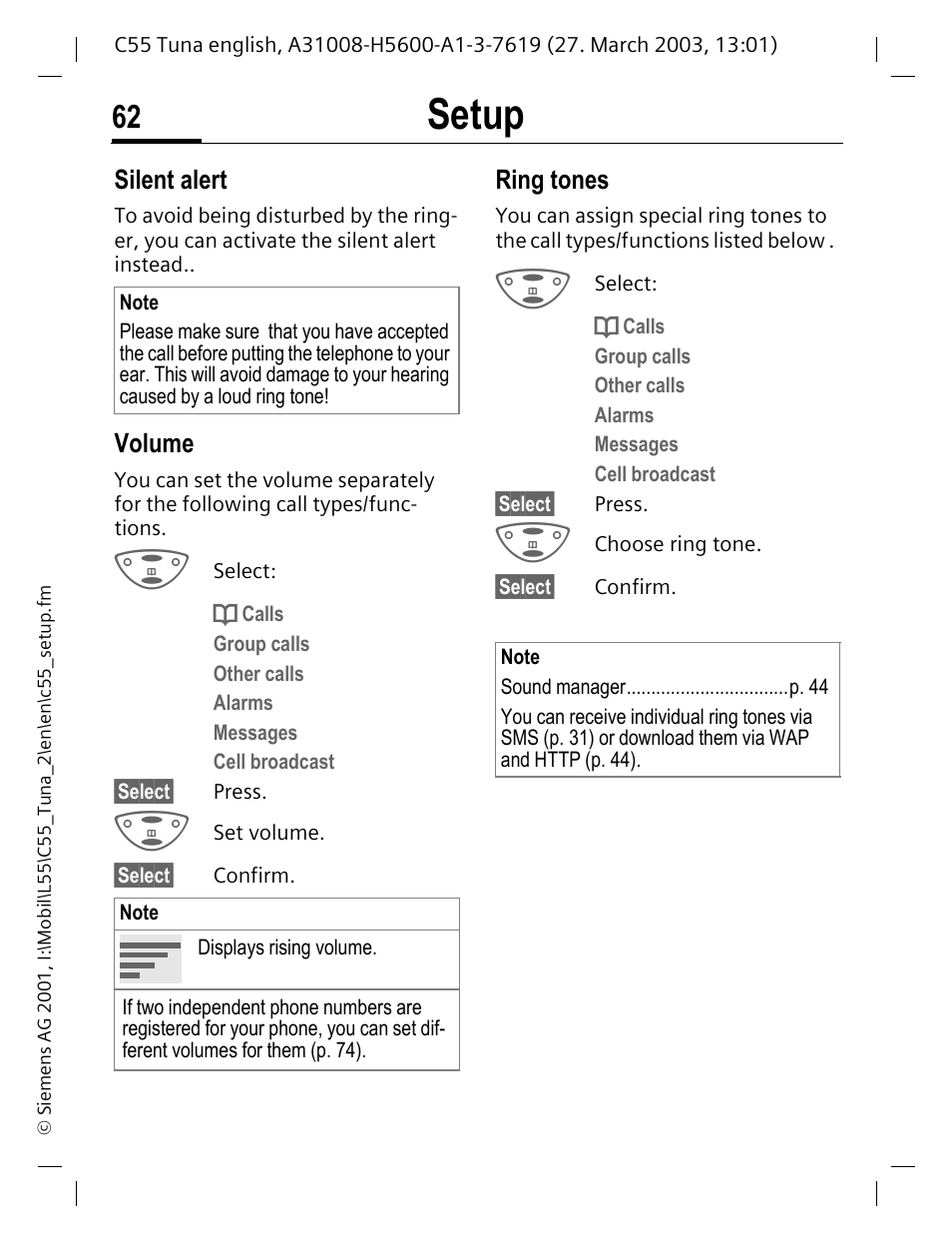 One (p. 62), Rsaries (p. 62), Volume | P. 62, Setup | Siemens C55 User Manual | Page 63 / 110