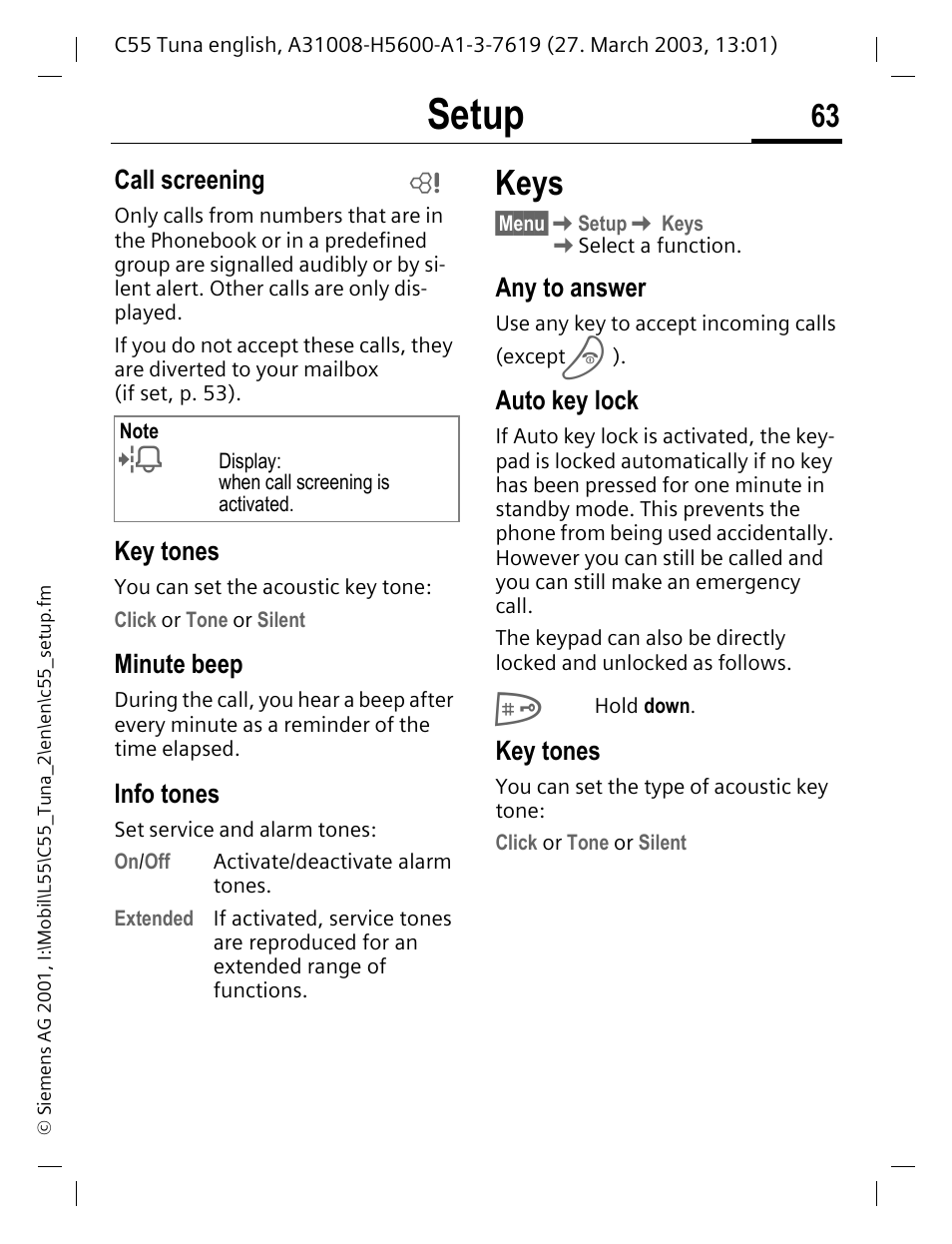 Keys, P. 63), Auto key lock | P. 63, Call screening, Key tones, P. 63 info tones, Setup, Minute beep, Info tones | Siemens C55 User Manual | Page 64 / 110