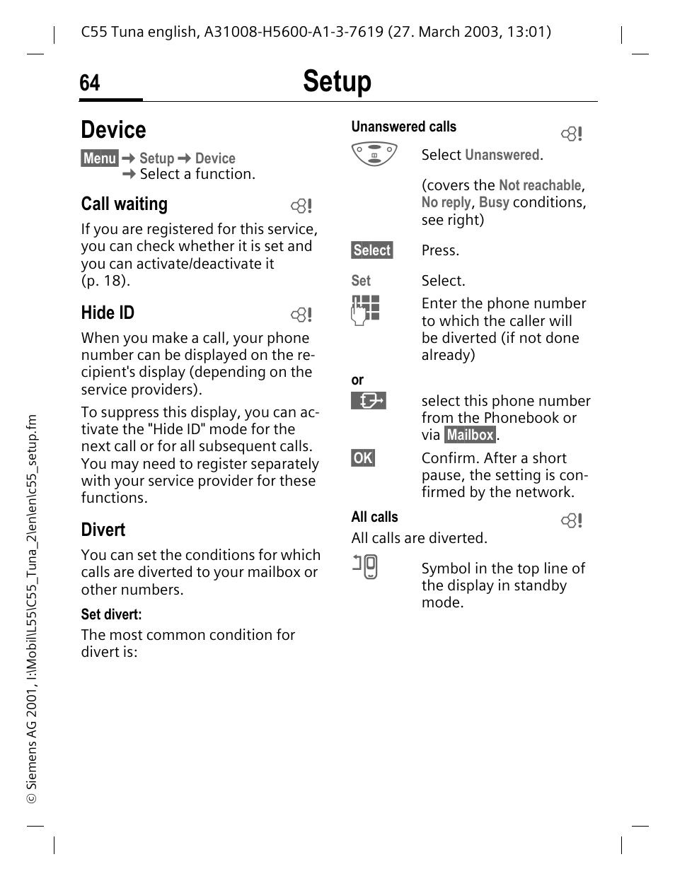 Device, P. 64, Setup | Siemens C55 User Manual | Page 65 / 110