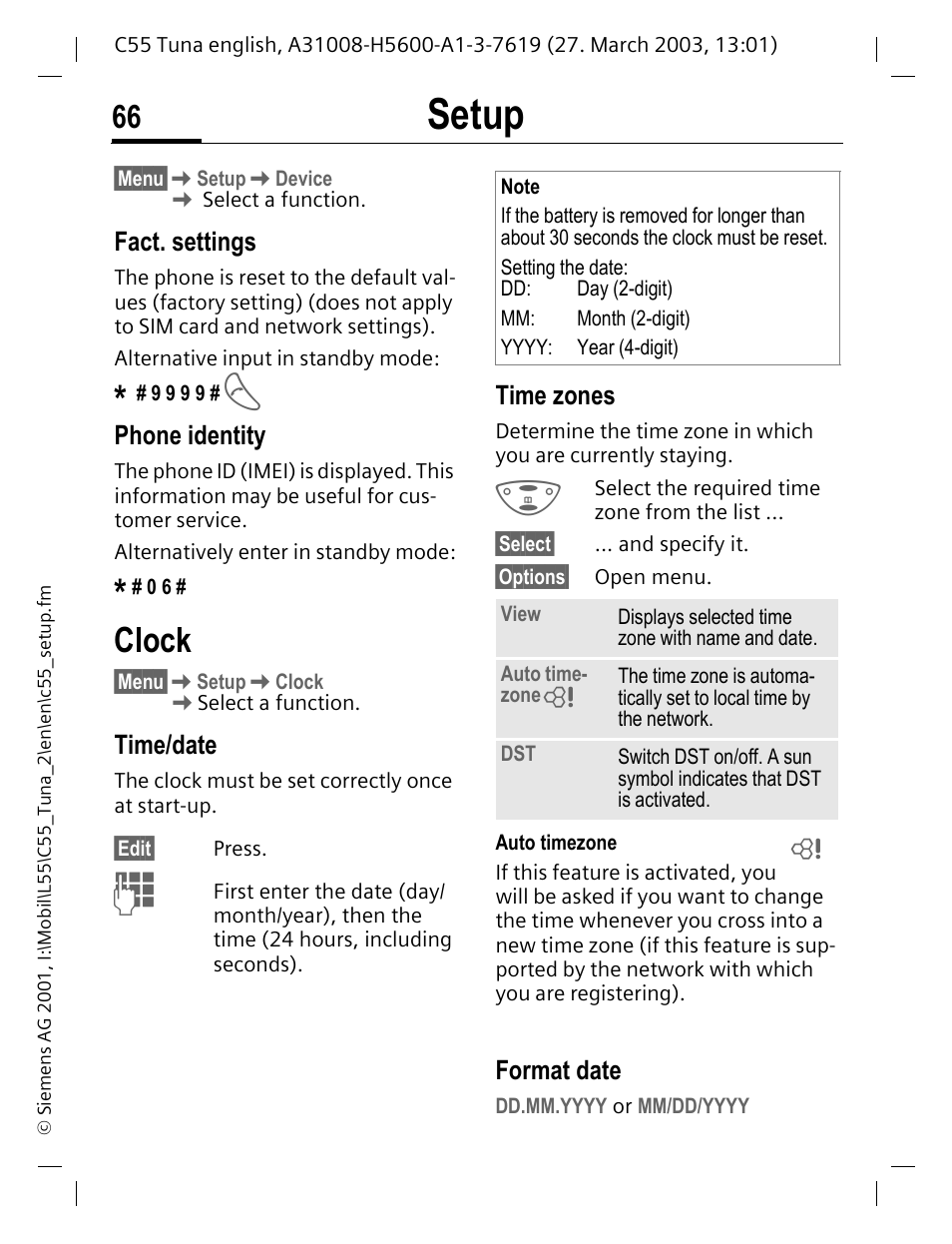 Clock, P. 66, Setup | Siemens C55 User Manual | Page 67 / 110