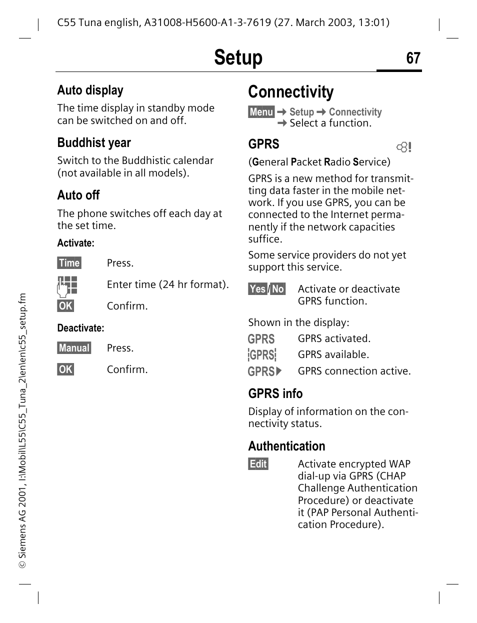 Connectivity, Setup | Siemens C55 User Manual | Page 68 / 110