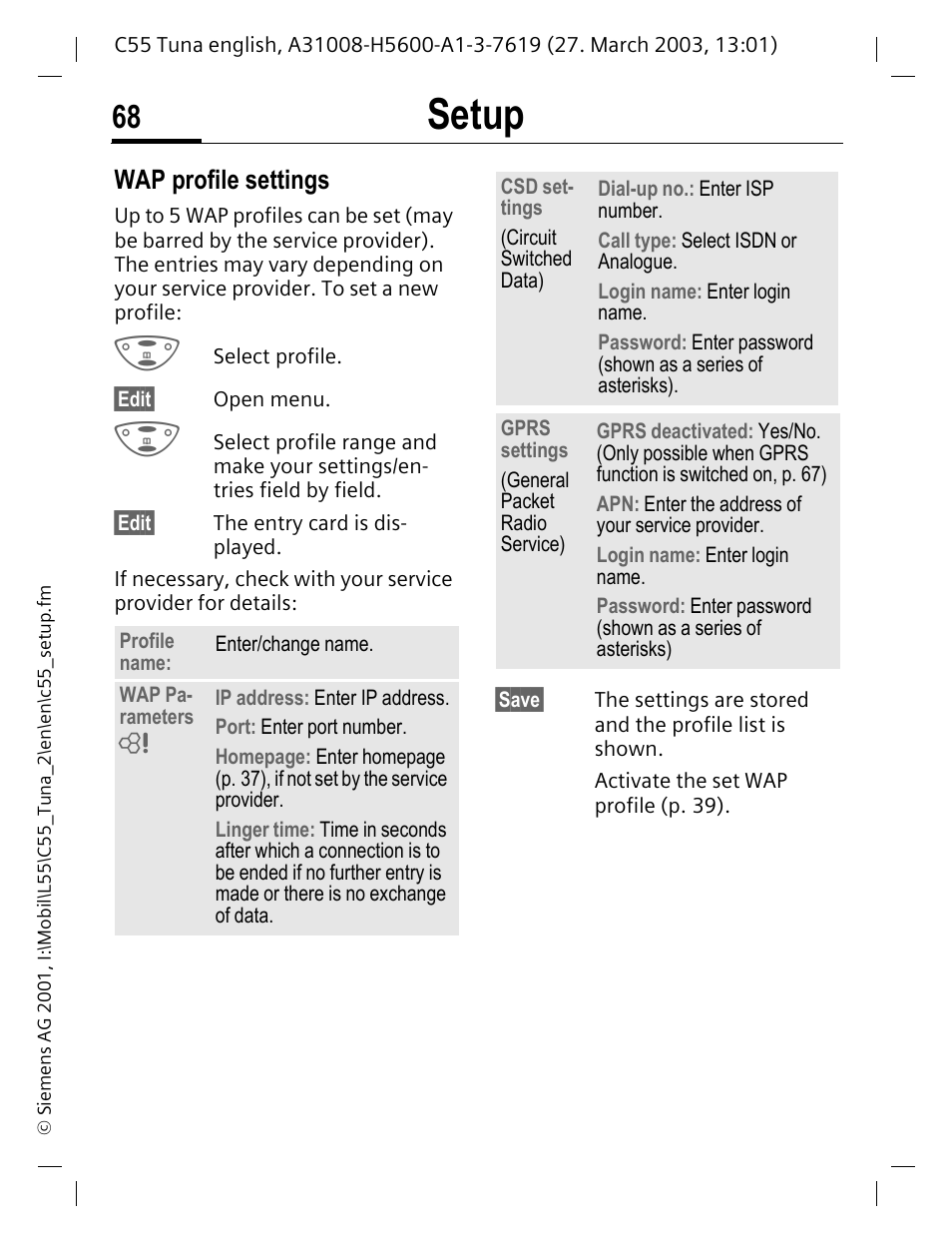 P. 68), Setup, Wap profile settings | Siemens C55 User Manual | Page 69 / 110